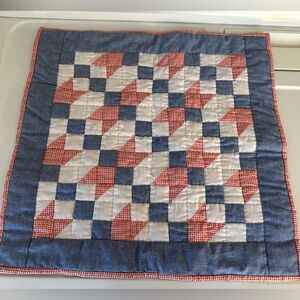 Vintage Handmade Patchwork Quilted Trivet with Red and Blue Pattern
